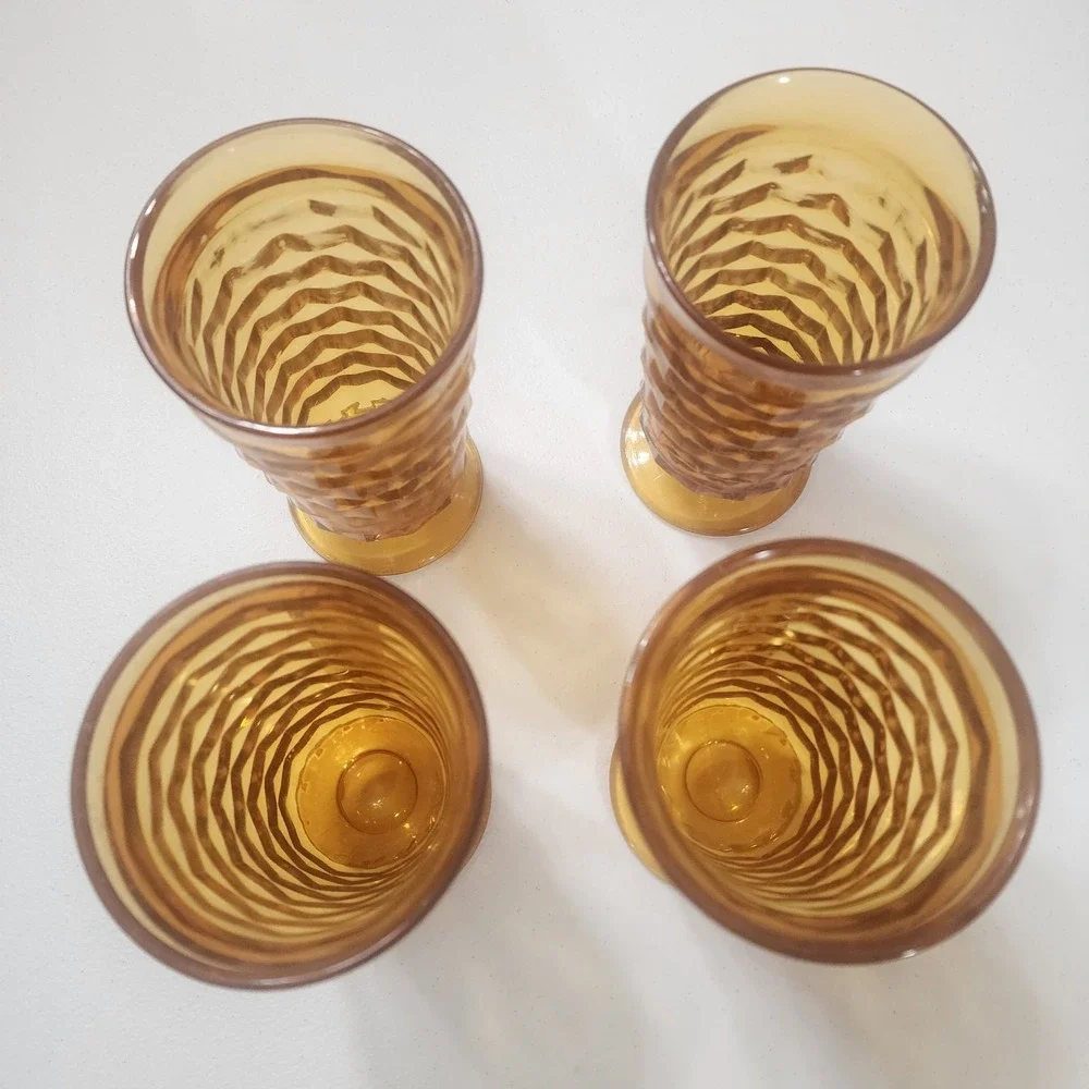 Vintage Whitehall Colony Cubist Indiana Glass Amber Footed Tumbler 6